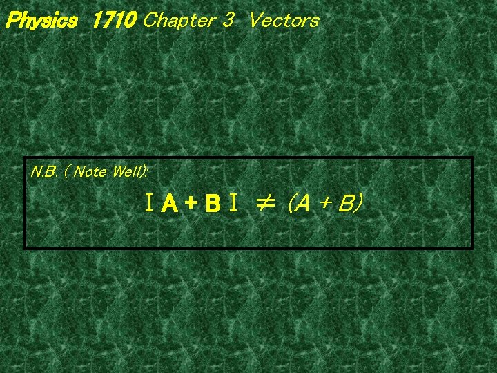 Physics 1710 Chapter 3 Vectors N. B. ( Note Well): ⅠA + BⅠ ≠