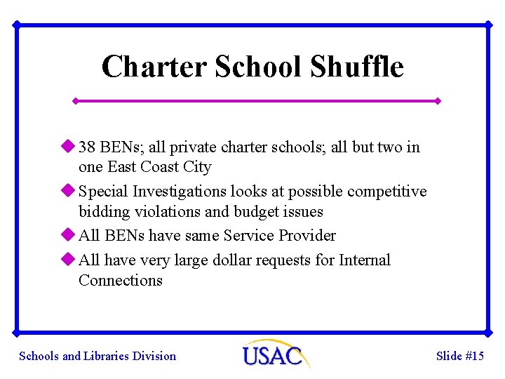 Charter School Shuffle u 38 BENs; all private charter schools; all but two in Charter School Shuffle u 38 BENs; all private charter schools; all but two in