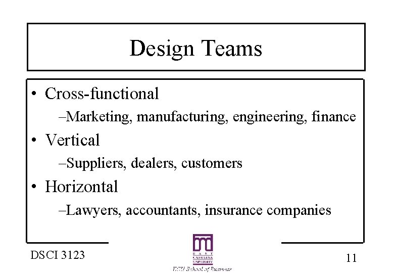 Design Teams • Cross-functional –Marketing, manufacturing, engineering, finance • Vertical –Suppliers, dealers, customers •