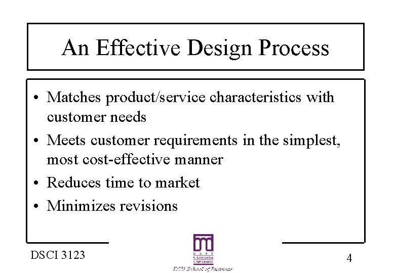 An Effective Design Process • Matches product/service characteristics with customer needs • Meets customer