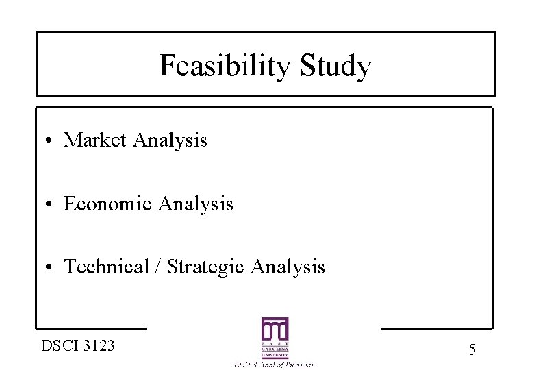 Feasibility Study • Market Analysis • Economic Analysis • Technical / Strategic Analysis DSCI