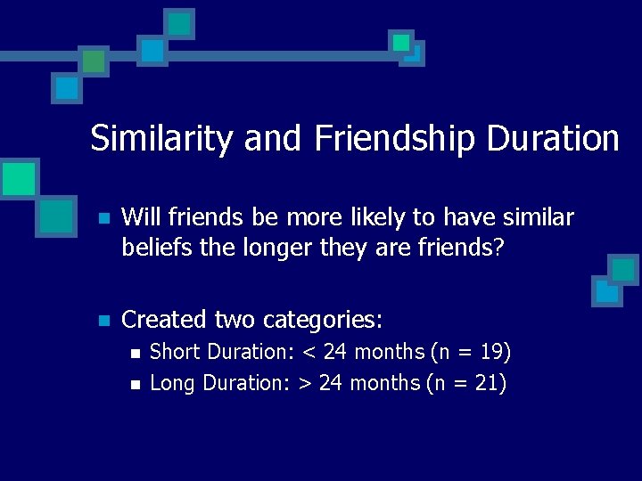 Similarity and Friendship Duration n Will friends be more likely to have similar beliefs