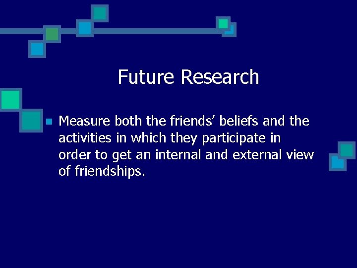 Future Research n Measure both the friends’ beliefs and the activities in which they