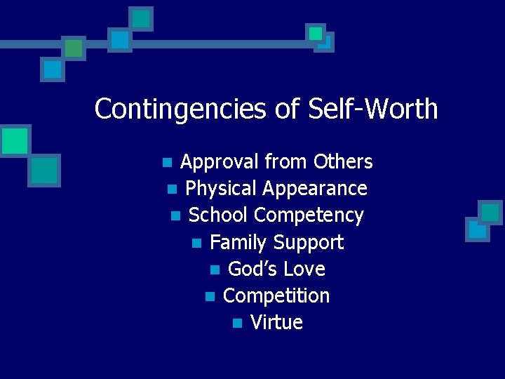 Contingencies of Self-Worth Approval from Others n Physical Appearance n School Competency n Family