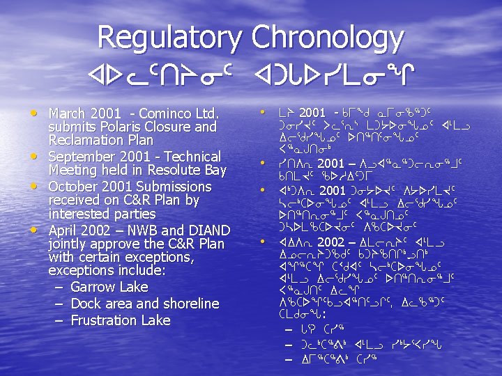 Regulatory Chronology xs. M 5 tpi 5 xg. Zsymiq • March 2001 - Cominco