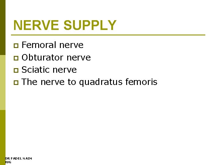 NERVE SUPPLY Femoral nerve p Obturator nerve p Sciatic nerve p The nerve to