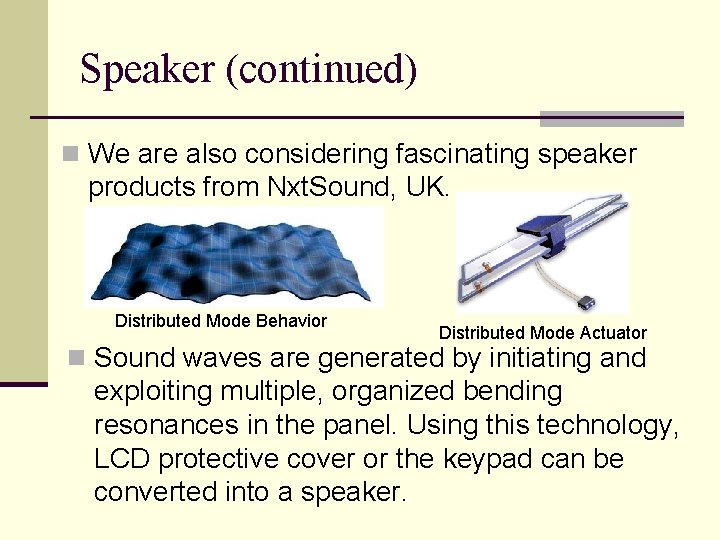 Speaker (continued) n We are also considering fascinating speaker products from Nxt. Sound, UK.