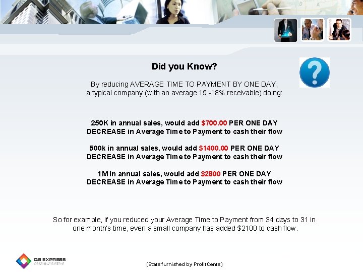 Did you Know? By reducing AVERAGE TIME TO PAYMENT BY ONE DAY, a typical