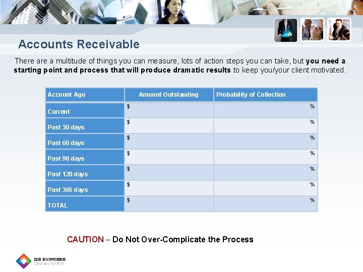 Accounts Receivable There a multitude of things you can measure, lots of action steps
