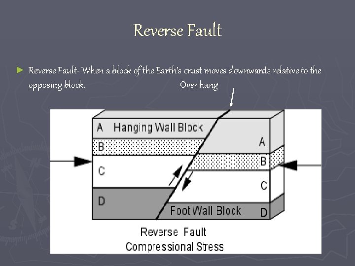 Reverse Fault ► Reverse Fault- When a block of the Earth’s crust moves downwards