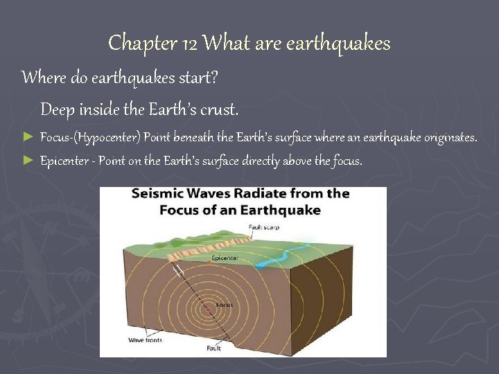 Chapter 12 What are earthquakes Where do earthquakes start? Deep inside the Earth’s crust.