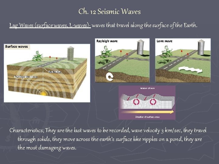 Ch. 12 Seismic Waves Lag Waves (surface waves, L-waves)- waves that travel along the