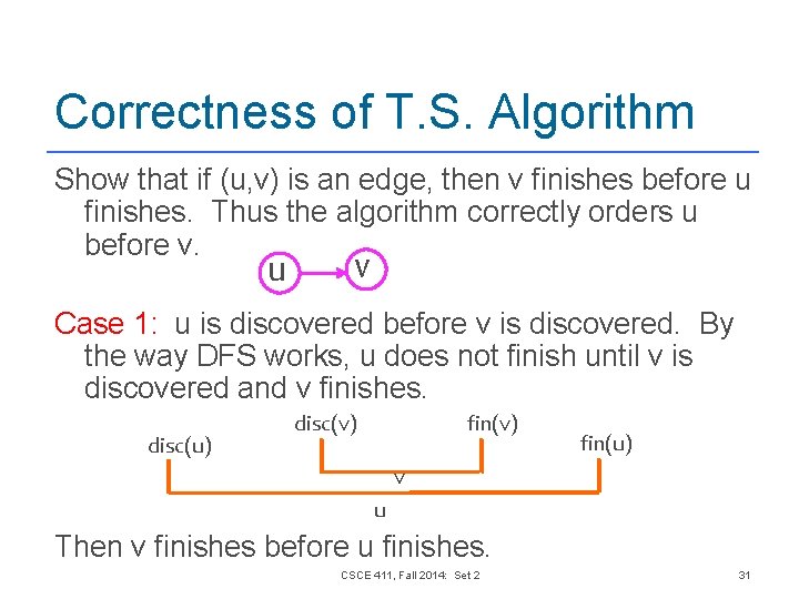Correctness of T. S. Algorithm Show that if (u, v) is an edge, then Correctness of T. S. Algorithm Show that if (u, v) is an edge, then