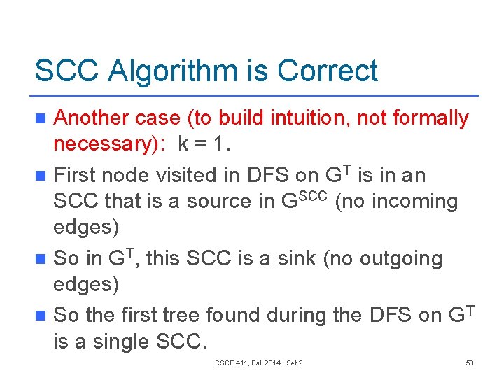 SCC Algorithm is Correct Another case (to build intuition, not formally necessary): k = SCC Algorithm is Correct Another case (to build intuition, not formally necessary): k =