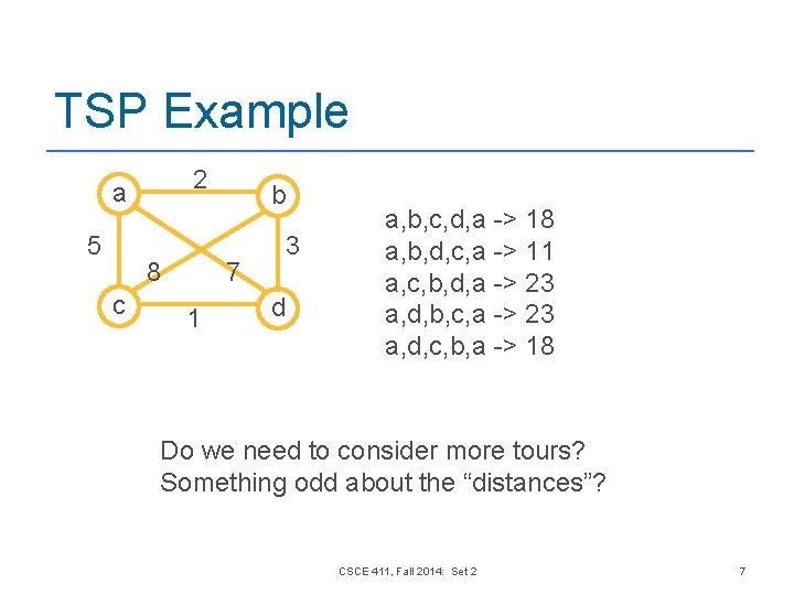 TSP Example 2 a 5 8 c b 7 1 3 d a, b, TSP Example 2 a 5 8 c b 7 1 3 d a, b,