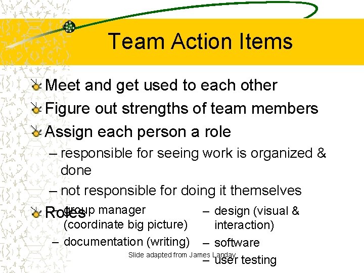Team Action Items Meet and get used to each other Figure out strengths of