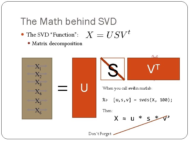 The Math behind SVD The SVD “Function”: Matrix decomposition X 1 X 2 X
