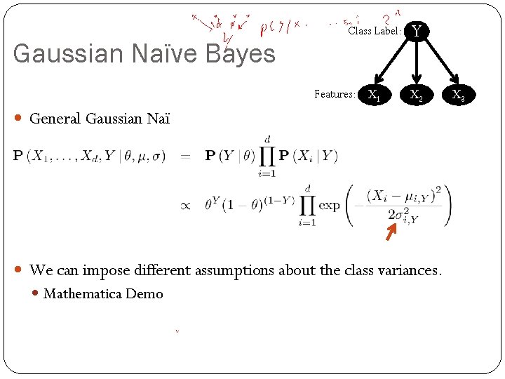 Gaussian Naïve Bayes Class Label: Features: X 1 Y X 2 General Gaussian Naï
