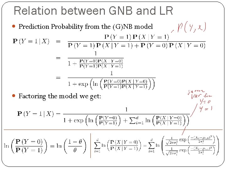 Relation between GNB and LR Prediction Probability from the (G)NB model Factoring the model