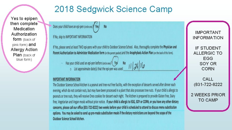 2018 Sedgwick Science Camp Yes to epipen then complete Medication Authorization form (back of