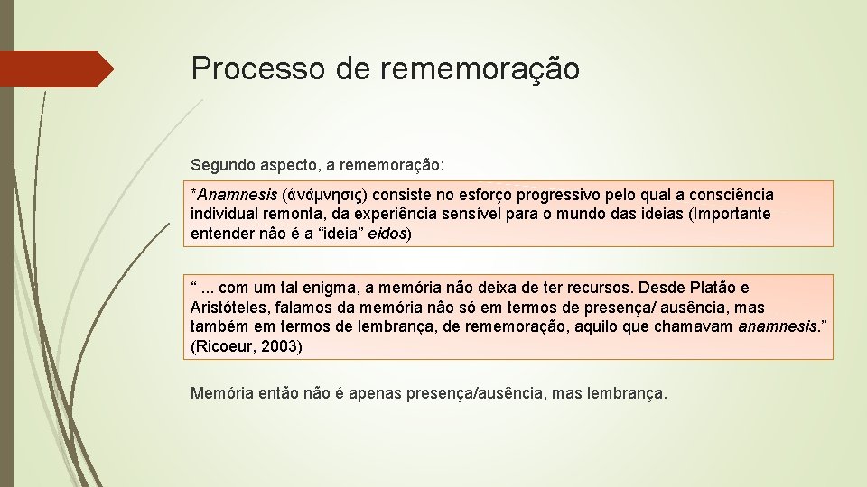 Processo de rememoração Segundo aspecto, a rememoração: *Anamnesis (ἀνάμνησις) consiste no esforço progressivo pelo