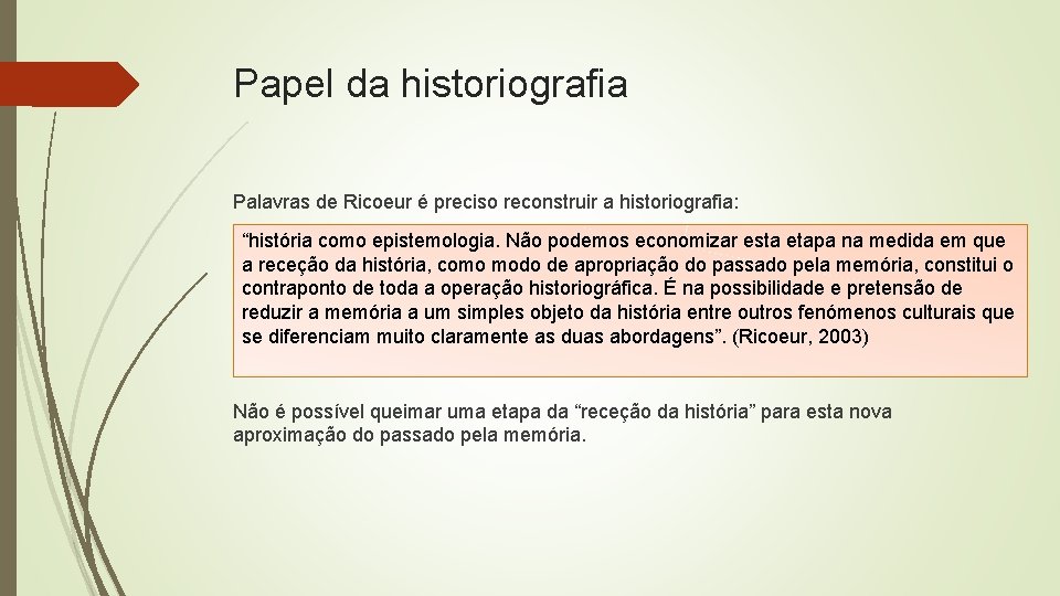 Papel da historiografia Palavras de Ricoeur é preciso reconstruir a historiografia: “história como epistemologia.