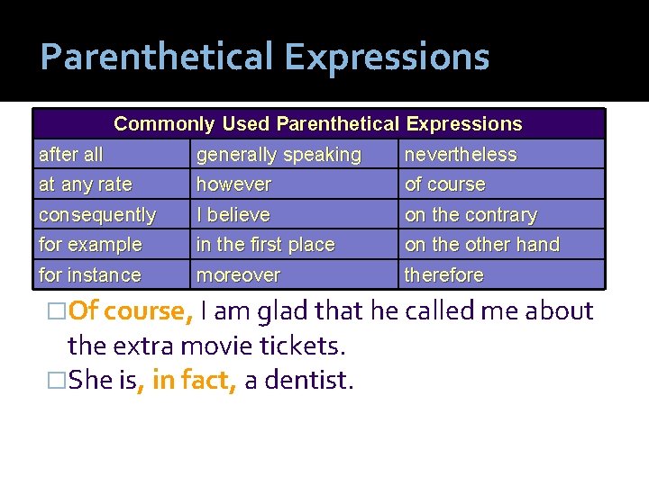 Parenthetical Expressions Commonly Used Parenthetical Expressions after all generally speaking nevertheless at any rate
