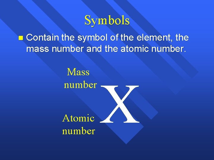 Symbols n Contain the symbol of the element, the mass number and the atomic Symbols n Contain the symbol of the element, the mass number and the atomic