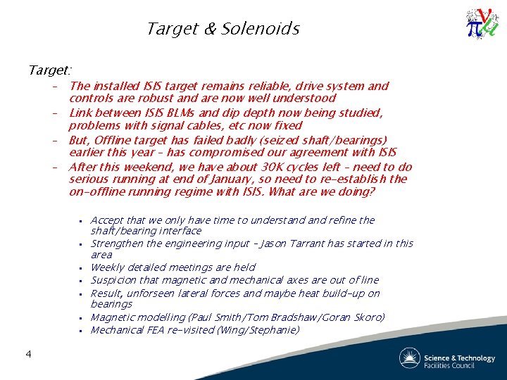 Target & Solenoids Target: – The installed ISIS target remains reliable, drive system and