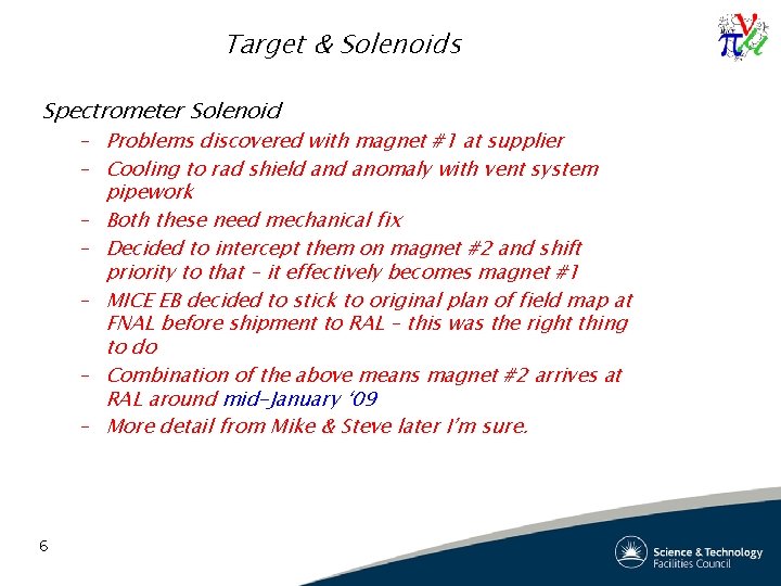 Target & Solenoids Spectrometer Solenoid – Problems discovered with magnet #1 at supplier –