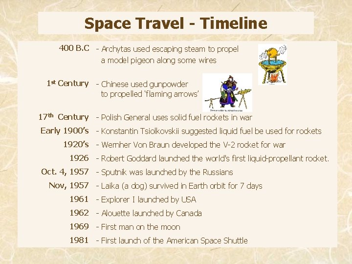 Space Travel - Timeline 400 B. C - Archytas used escaping steam to propel