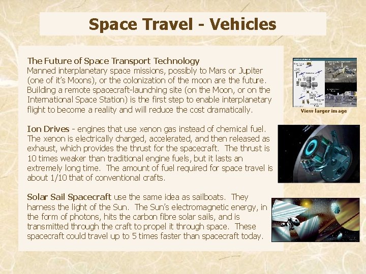 Space Travel - Vehicles The Future of Space Transport Technology Manned interplanetary space missions,