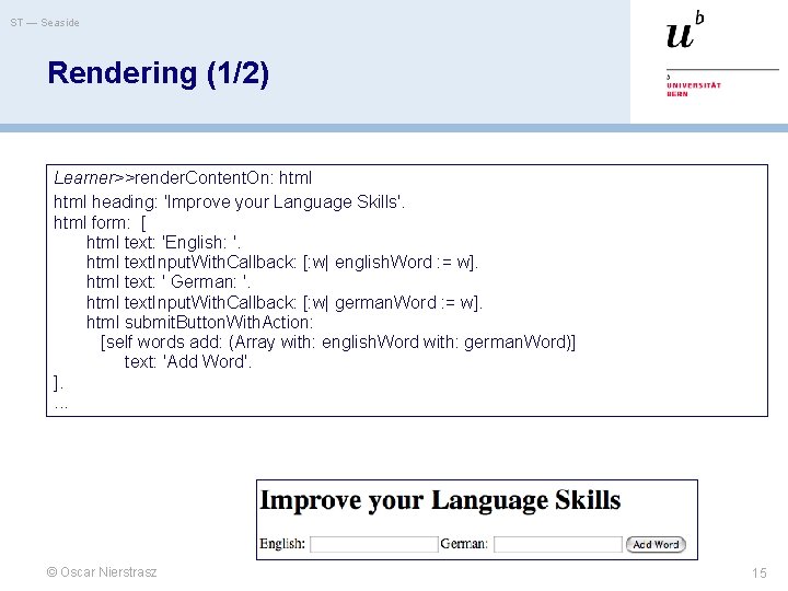 ST — Seaside Rendering (1/2) Learner>>render. Content. On: html heading: 'Improve your Language Skills'.