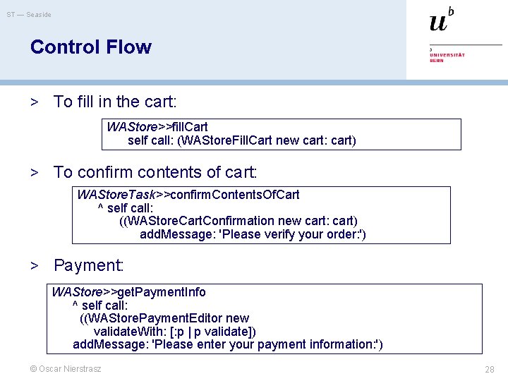 ST — Seaside Control Flow > To fill in the cart: WAStore>>fill. Cart self