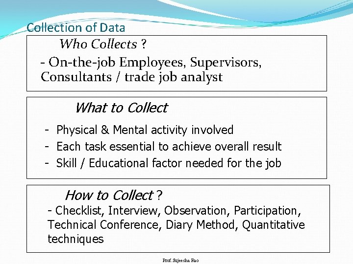 Collection of Data Who Collects ? - On-the-job Employees, Supervisors, Consultants / trade job