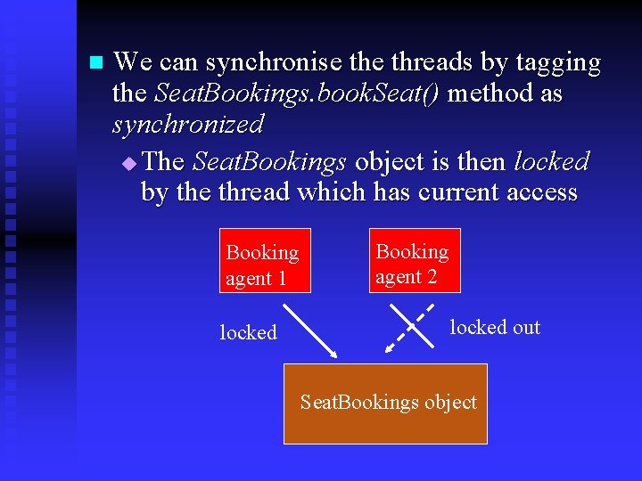 n We can synchronise threads by tagging the Seat. Bookings. book. Seat() method as