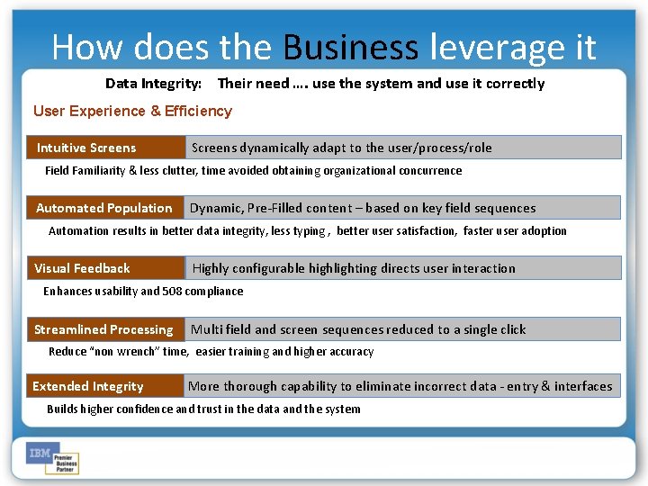How does the Business leverage it Data Integrity: Their need …. use the system