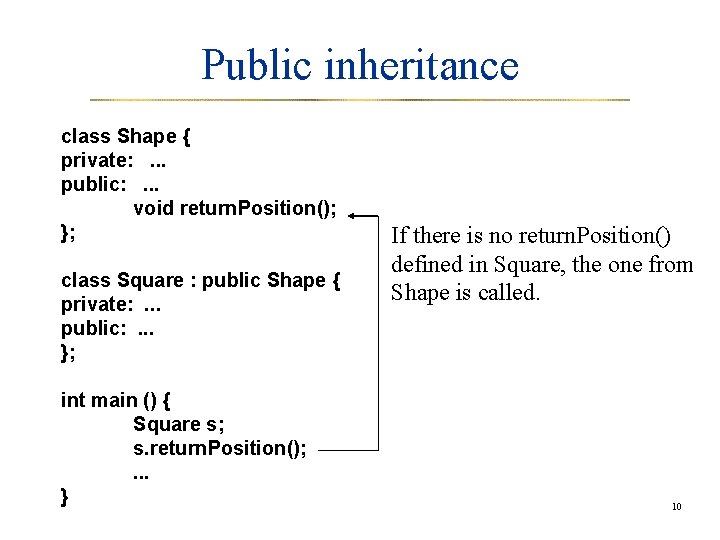 Public inheritance class Shape { private: . . . public: . . . void