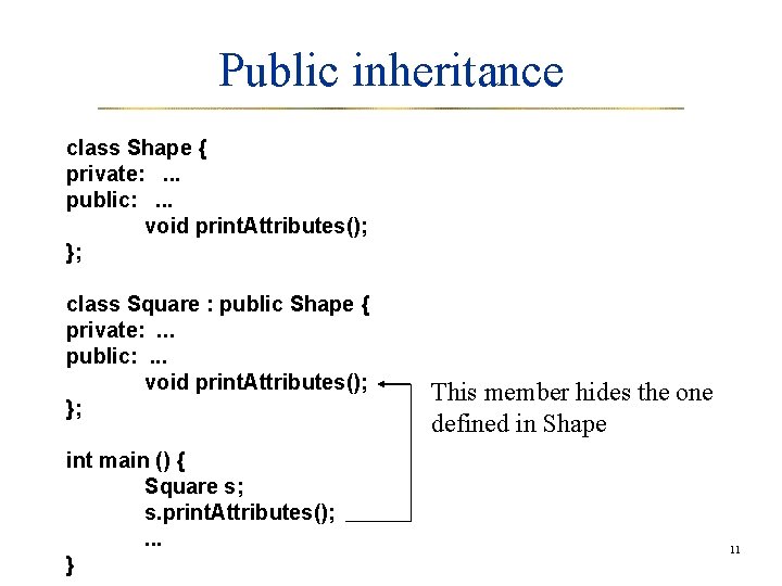 Public inheritance class Shape { private: . . . public: . . . void