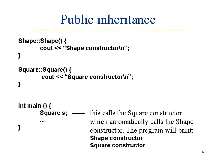 Public inheritance Shape: : Shape() { cout << “Shape constructorn”; } Square: : Square()