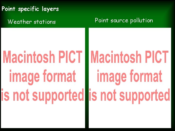 Point specific layers Weather stations Point source pollution Point specific layers Weather stations Point source pollution