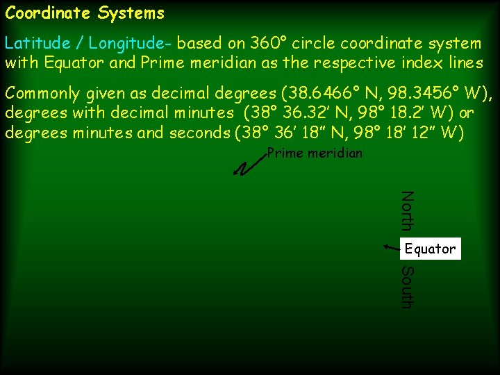 Coordinate Systems Latitude / Longitude- based on 360° circle coordinate system with Equator and Coordinate Systems Latitude / Longitude- based on 360° circle coordinate system with Equator and
