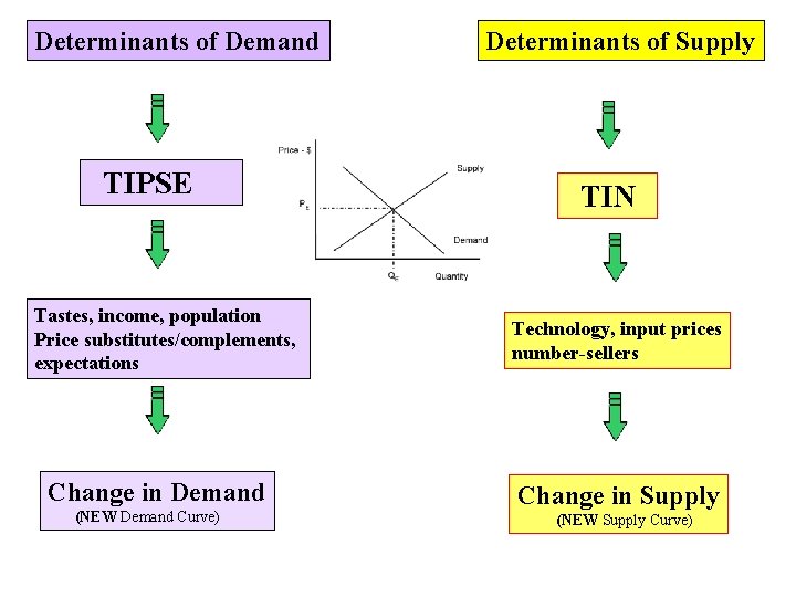 Determinants of Demand TIPSE Tastes, income, population Price substitutes/complements, expectations Change in Demand (NEW