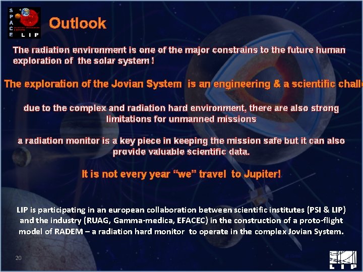 Outlook The radiation environment is one of the major constrains to the future human