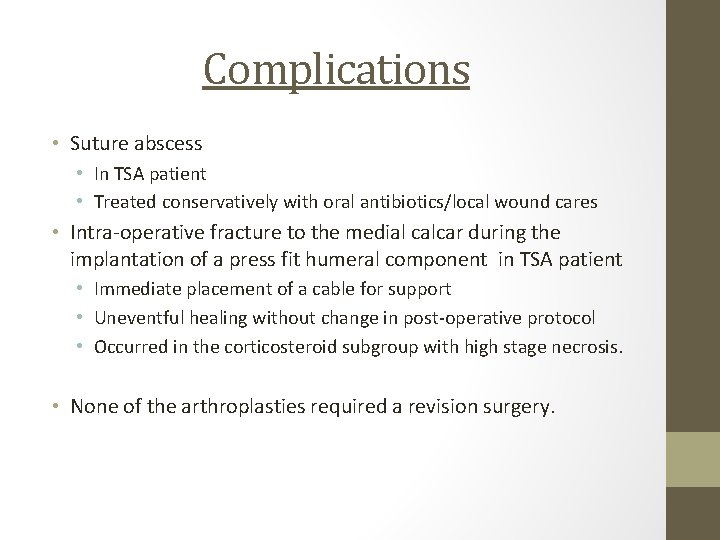 Complications • Suture abscess • In TSA patient • Treated conservatively with oral antibiotics/local