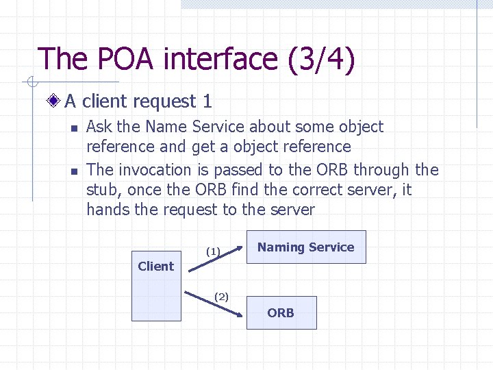 The POA interface (3/4) A client request 1 n n Ask the Name Service