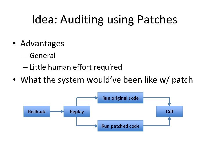 Idea: Auditing using Patches • Advantages – General – Little human effort required •