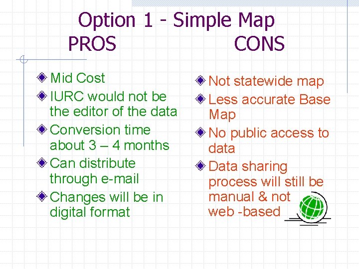 Option 1 - Simple Map PROS CONS Mid Cost IURC would not be the