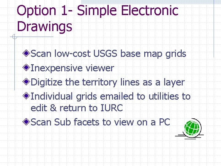 Option 1 - Simple Electronic Drawings Scan low-cost USGS base map grids Inexpensive viewer