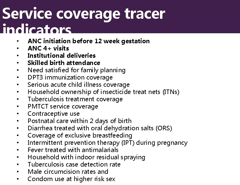 Service coverage tracer indicators • • • • • ANC initiation before 12 week
